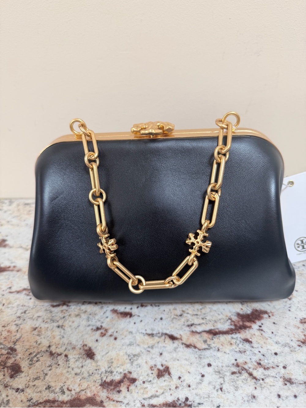 Tory Burch Black Leather Frame Clutch with Gold Chain Link Strap